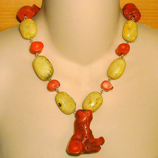 Coral Twig Necklace w/ Yellow Turquoise Nuggets